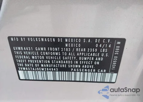 2014 Volkswagen Jetta Hybrid Sel from USA, damaged, VIN 3VW637AJ9EM284943